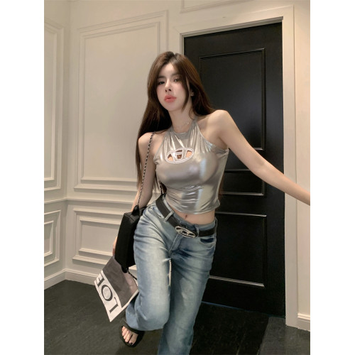 千禧y2k美式金屬亮面吊帶背心女夏外穿純欲辣妹性感掛脖抹胸上衣