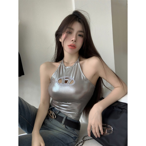 千禧y2k美式金屬亮面吊帶背心女夏外穿純欲辣妹性感掛脖抹胸上衣