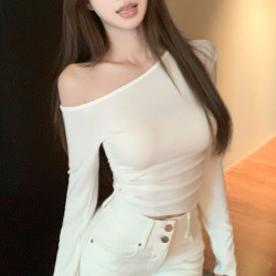 ins辣妹不規則斜肩磨毛長袖t恤女秋季新款小個子修身顯瘦短款上衣