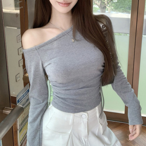 ins辣妹不規則斜肩磨毛長袖t恤女秋季新款小個子修身顯瘦短款上衣