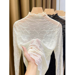 半高領蕾絲打底衫女2023秋季新款修身薄款木耳邊小衫內搭長袖上衣