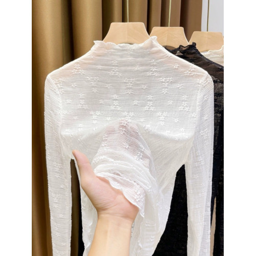 半高領蕾絲打底衫女2023秋季新款修身薄款木耳邊小衫內搭長袖上衣