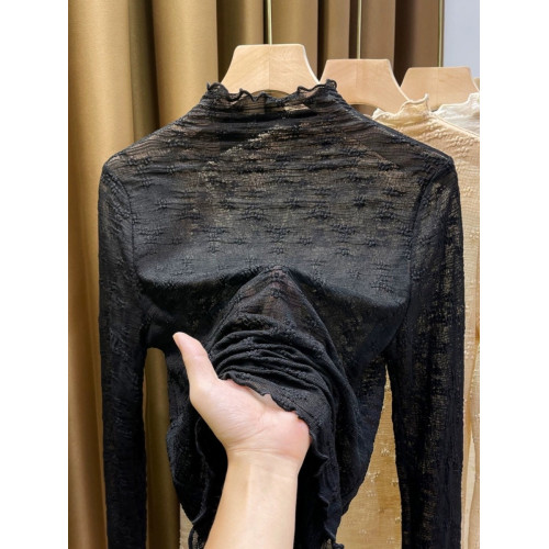 半高領蕾絲打底衫女2023秋季新款修身薄款木耳邊小衫內搭長袖上衣