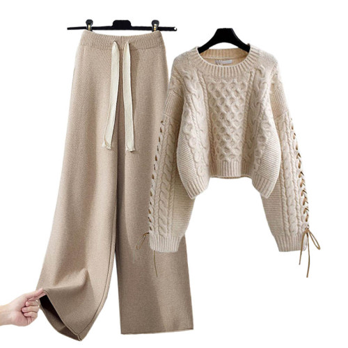 套裝秋冬女2025新款休閒濶腿褲毛衣茶系穿搭冬裝搭配高級感秋裝