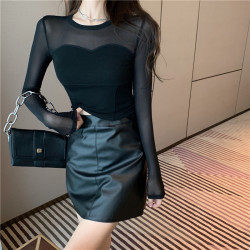 性感辣妹微透網紗拼接打底衫女外穿內搭秋季韓版修身長袖上衣t恤