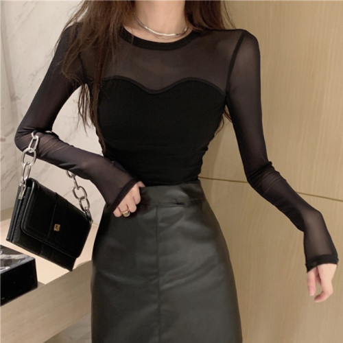 性感辣妹微透網紗拼接打底衫女外穿內搭秋季韓版修身長袖上衣t恤 性感辣妹微透網紗拼接打底衫女外穿內搭秋季韓版修身長袖上衣t恤