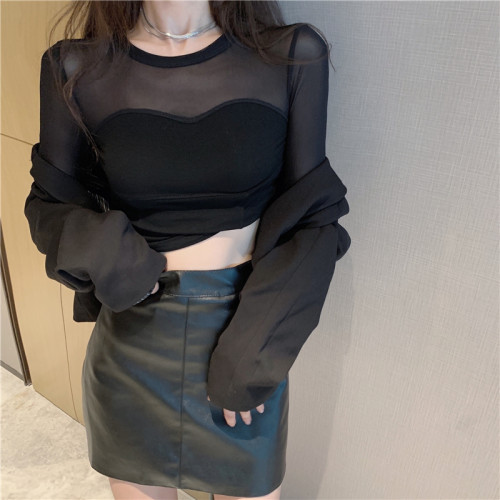 性感辣妹微透網紗拼接打底衫女外穿內搭秋季韓版修身長袖上衣t恤 性感辣妹微透網紗拼接打底衫女外穿內搭秋季韓版修身長袖上衣t恤