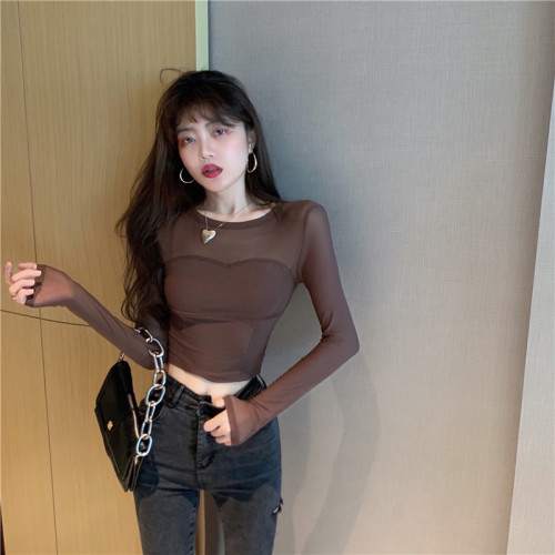 性感辣妹微透網紗拼接打底衫女外穿內搭秋季韓版修身長袖上衣t恤 性感辣妹微透網紗拼接打底衫女外穿內搭秋季韓版修身長袖上衣t恤