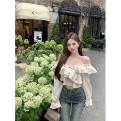 荷葉邊喇叭袖襯衫女設計感小衆秋純欲辣妹一字肩短款抹胸襯衣上衣