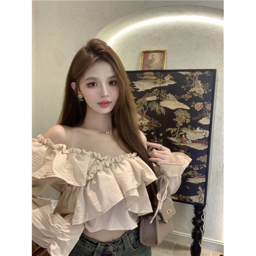 荷葉邊喇叭袖襯衫女設計感小衆秋純欲辣妹一字肩短款抹胸襯衣上衣