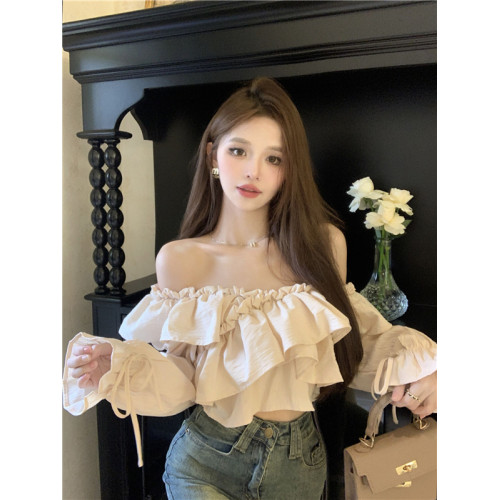 荷葉邊喇叭袖襯衫女設計感小衆秋純欲辣妹一字肩短款抹胸襯衣上衣