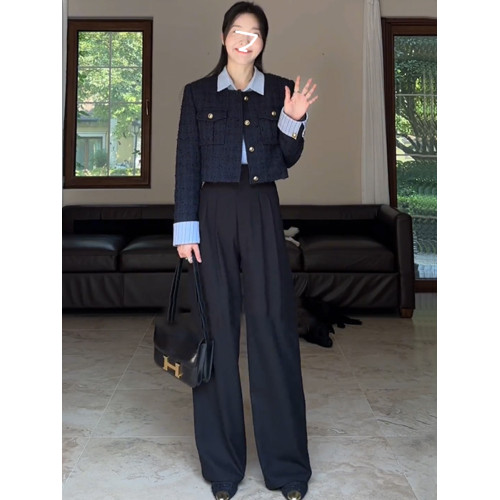 九九郭設計垂感高腰褲直筒西裝褲女秋季新款顯瘦百搭松緊腰濶腿褲