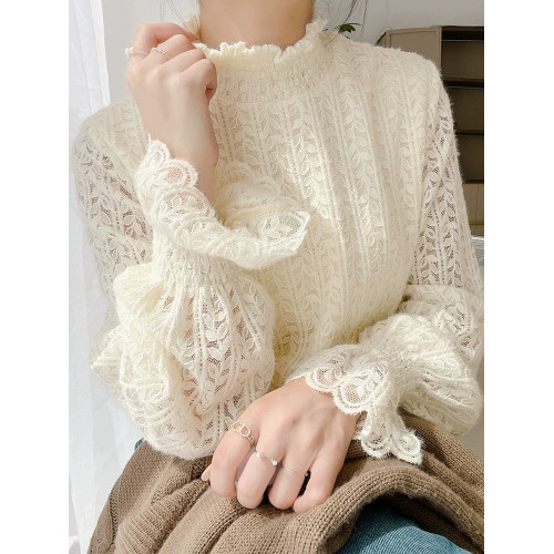 秋冬季半高領蕾絲衫t恤上衣女加絨長袖打底衫洋氣質高檔衣服小衫