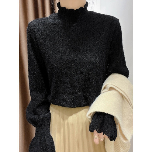 秋冬季半高領蕾絲衫t恤上衣女加絨長袖打底衫洋氣質高檔衣服小衫