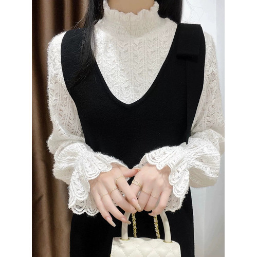 秋冬季半高領蕾絲衫t恤上衣女加絨長袖打底衫洋氣質高檔衣服小衫