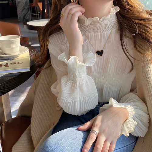 品牌折釦歐貨女裝超仙白色蕾絲打底衫女秋氣質內搭半高領大碼上衣