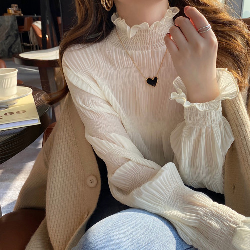 品牌折釦歐貨女裝超仙白色蕾絲打底衫女秋氣質內搭半高領大碼上衣