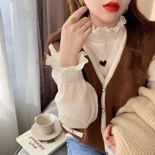 品牌折釦歐貨女裝超仙白色蕾絲打底衫女秋氣質內搭半高領大碼上衣