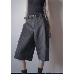 極簡風條紋復古中褲休閒褲女毛呢料濶腿褲西裝五分褲含（30%羊毛