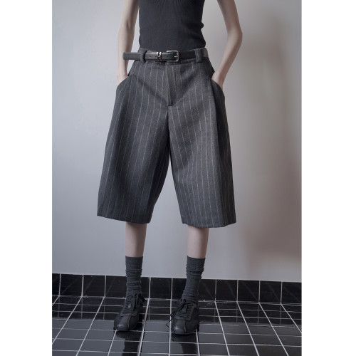 極簡風條紋復古中褲休閒褲女毛呢料濶腿褲西裝五分褲含（30%羊毛