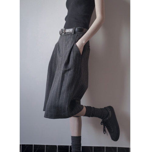 極簡風條紋復古中褲休閒褲女毛呢料濶腿褲西裝五分褲含（30%羊毛