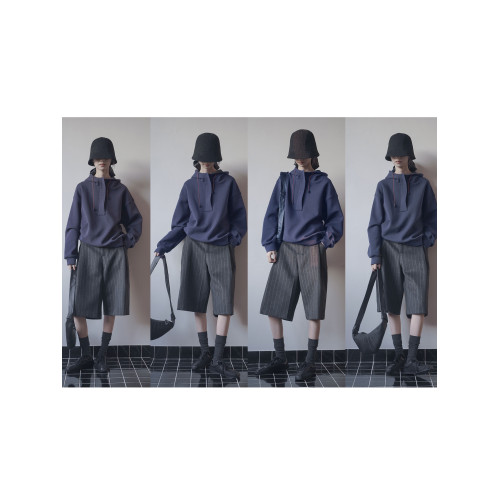 極簡風條紋復古中褲休閒褲女毛呢料濶腿褲西裝五分褲含（30%羊毛