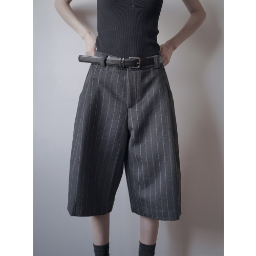 極簡風條紋復古中褲休閒褲女毛呢料濶腿褲西裝五分褲含（30%羊毛