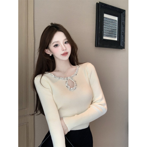 重工亮片長袖針織衫女秋冬純欲法式名媛上衣打底衫內搭高級感毛衣