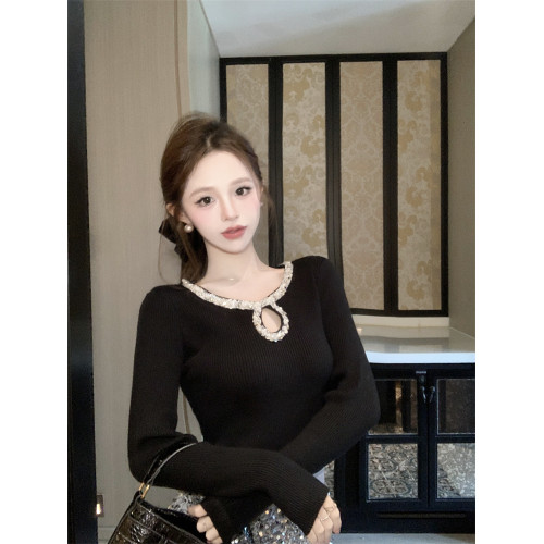 重工亮片長袖針織衫女秋冬純欲法式名媛上衣打底衫內搭高級感毛衣