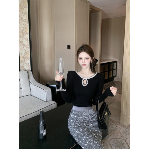 重工亮片長袖針織衫女秋冬純欲法式名媛上衣打底衫內搭高級感毛衣