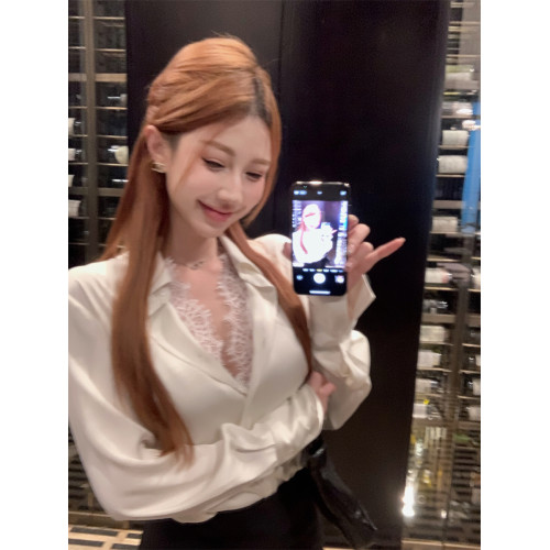蕾絲假兩件白色襯衫女設計感小衆秋季獨特絕美上衣高級感緞面襯衣