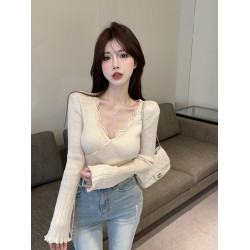 純欲辣妹性感v領短款小上衣女秋冬別致絕美顯身材蕾絲打底衫內搭