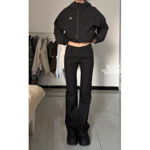 大碼黑色復古休閒褲女秋冬低腰顯瘦設計感微喇叭拖地西裝褲長褲子