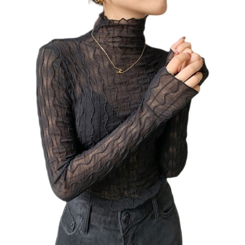 大碼胖妹妹魚骨上衣女春秋冬新款加絨加厚性感蕾絲打底衫T恤網紗