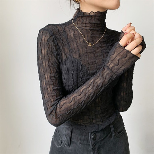 大碼胖妹妹魚骨上衣女春秋冬新款加絨加厚性感蕾絲打底衫T恤網紗