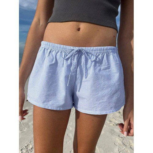 DARLINGAGA簡約風綁帶低腰濶腿條紋短褲女居家海邊百搭寬松休閒褲