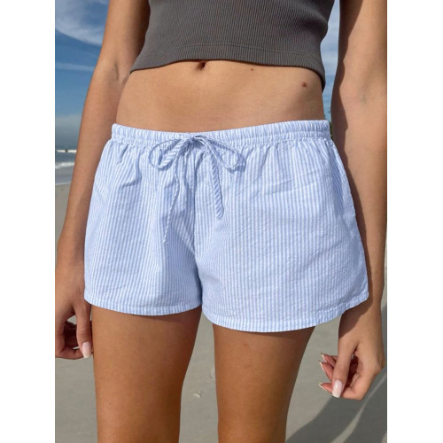 DARLINGAGA簡約風綁帶低腰濶腿條紋短褲女居家海邊百搭寬松休閒褲