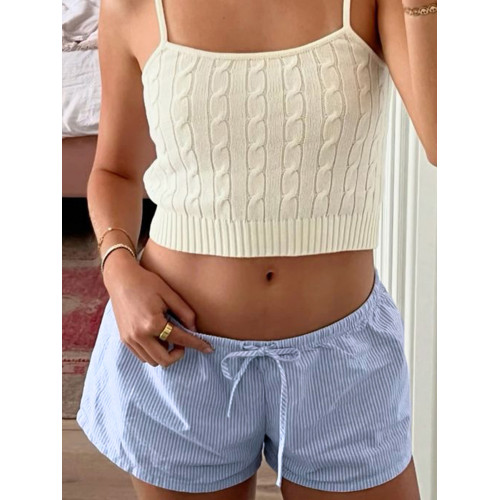 DARLINGAGA簡約風綁帶低腰濶腿條紋短褲女居家海邊百搭寬松休閒褲