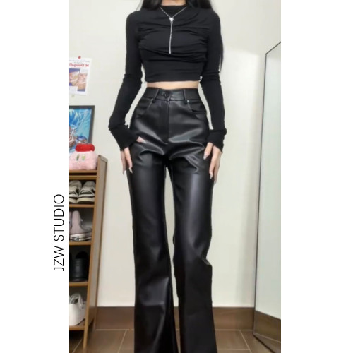 黑色微喇叭皮褲女秋冬新款高腰彈力pu皮美式辣妹高個子直筒拖地褲 黑色微喇叭皮褲女秋冬新款高腰彈力pu皮美式辣妹高個子直筒拖地褲