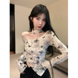 美式辣妹一字肩掛脖上衣女秋冬紥染露肩長袖t恤不規則打底衫內搭