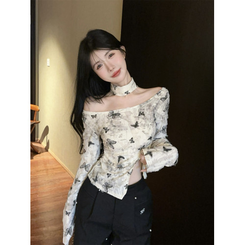 美式辣妹一字肩掛脖上衣女秋冬紥染露肩長袖t恤不規則打底衫內搭