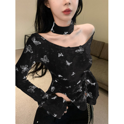 美式辣妹一字肩掛脖上衣女秋冬紥染露肩長袖t恤不規則打底衫內搭