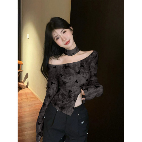 美式辣妹一字肩掛脖上衣女秋冬紥染露肩長袖t恤不規則打底衫內搭