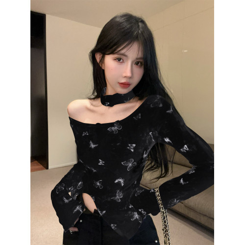 美式辣妹一字肩掛脖上衣女秋冬紥染露肩長袖t恤不規則打底衫內搭