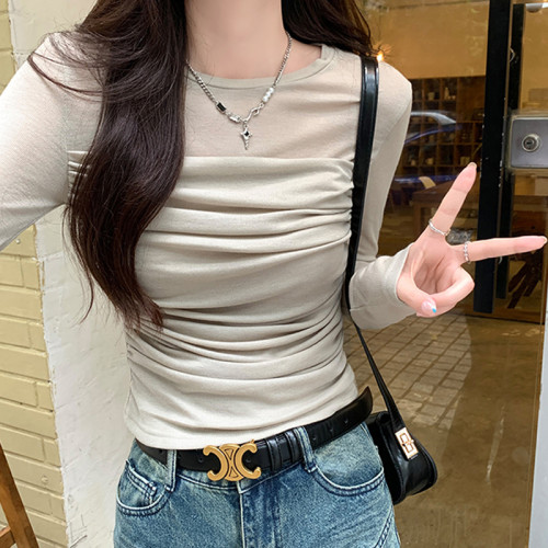 純欲網紗拼接圓領長袖微透t恤女春秋新款小心機褶皺修身短款上衣