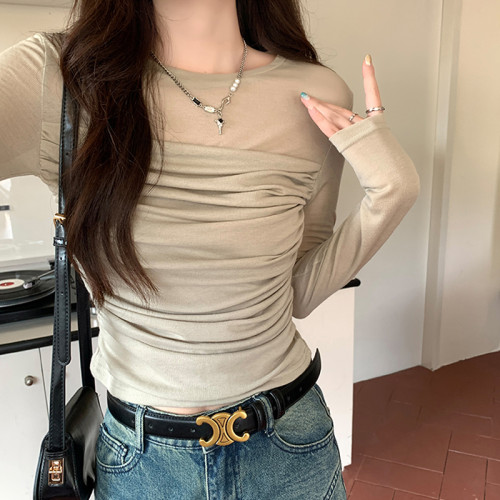 純欲網紗拼接圓領長袖微透t恤女春秋新款小心機褶皺修身短款上衣