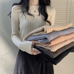 曡穿圓領坑條長袖打底毛衣女秋冬新款內搭修身顯瘦彈力百搭針織衫