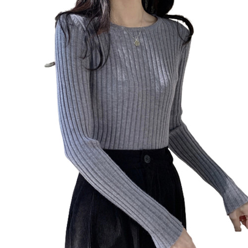 曡穿圓領坑條長袖打底毛衣女秋冬新款內搭修身顯瘦彈力百搭針織衫