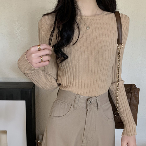 曡穿圓領坑條長袖打底毛衣女秋冬新款內搭修身顯瘦彈力百搭針織衫