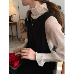 2025秋季新款韓版內搭上衣洋氣木耳邊高領百搭雪紡網紗打底衫女